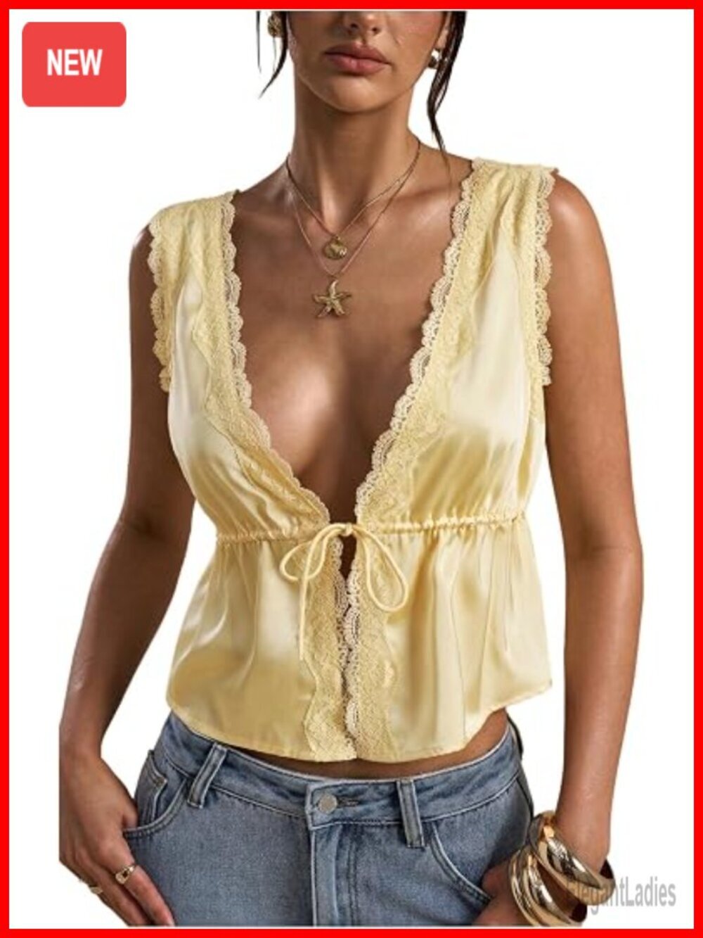 Tie Front Deep V Neck Peplum Satin Crop Tank Top Lace Trim Sleeveless